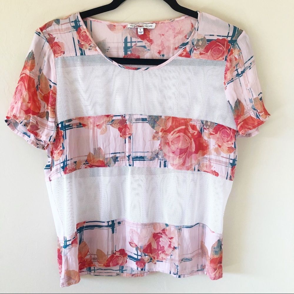 Rebecca Minkoff Pink Floral Silk Mesh Tee Shirt